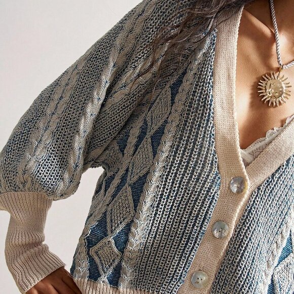 Blue Women's Lantern Sleeve Single-Breasted Casual Knit Cardigan - Picture 3 of 8